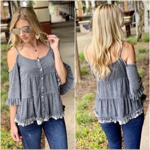 Infinity Raine Tops - Charcoal Vintage Wash Cold Shoulder Tunic Infinity Raine Tops - Charcoal Vintage Wash Cold Shoulder Tunic